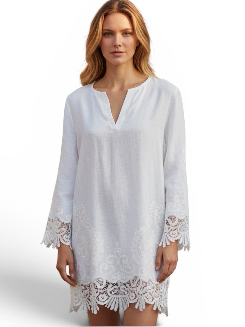 Etcetera White Linen Blend Cottage Minimalist Lace Tunic Cover-up Vneck Top S